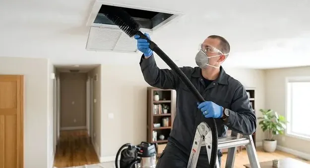 Technician brushing out a ceiling register from a step ladder